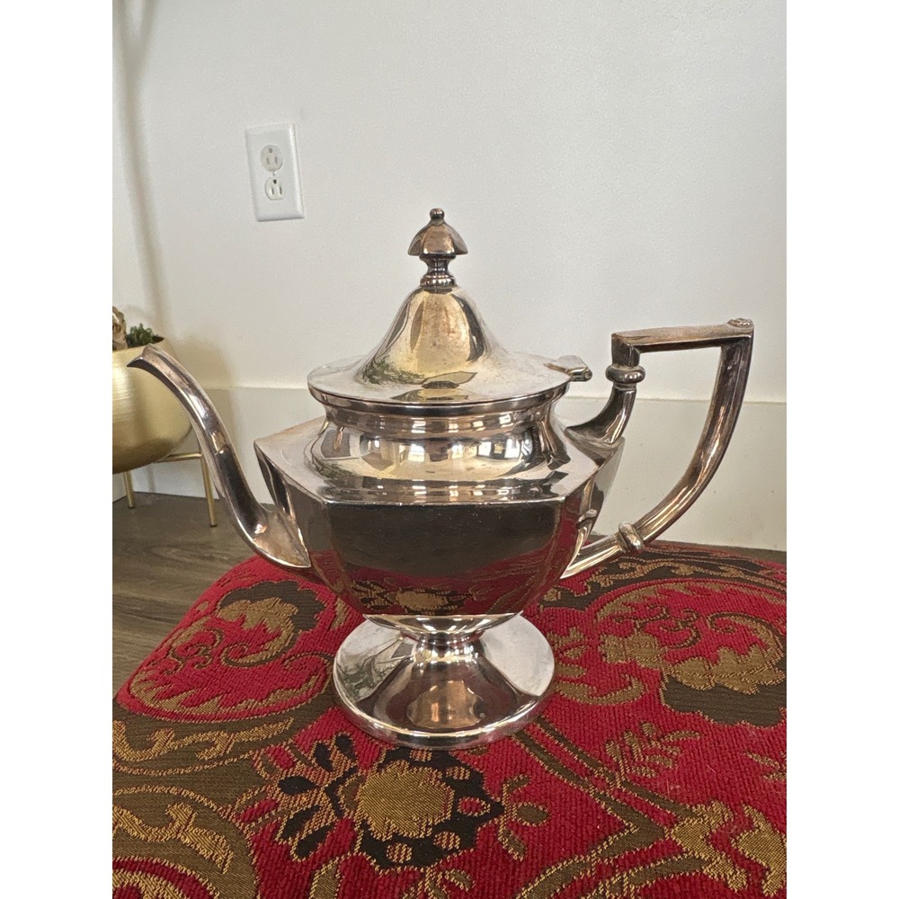 Vintage 1940's  Hexagonal Silver Plated Pedestal Teapot with Hinged Lid
